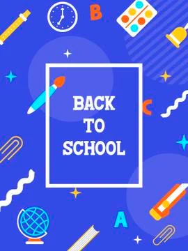 Back to school, School supplies poster template Stock Illustration