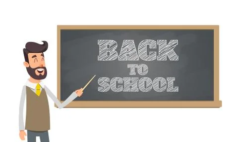 Back to school. School teacher in classroom near blackboard Stock Illustration
