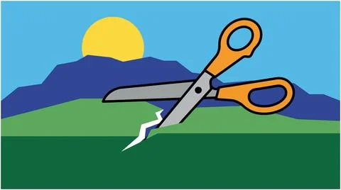 Back to School Scissors cutting through paper mountain landscape art with s.. Stock Illustration