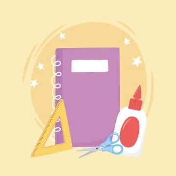 Back to school, scissors notebook glue triangle ruler education cartoon 스톡 일러스트