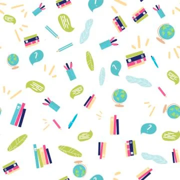 Back to school - seamless pattern background globe books, pens pencils on white Stock Illustration