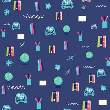 Back to school - seamless pattern background globe books, pens pencils on white Stock Illustration