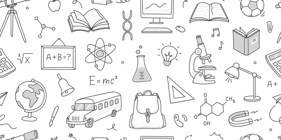 Back to school seamless pattern background. Hand drawn line doodle sketch style Stock Illustration