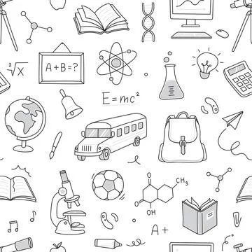 Back to school seamless pattern background. Hand drawn line doodle sketch style イラスト素材