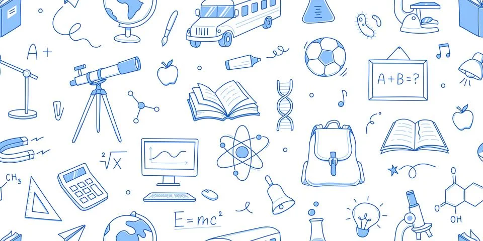 Back to school seamless pattern background. Hand drawn line doodle sketch style イラスト素材