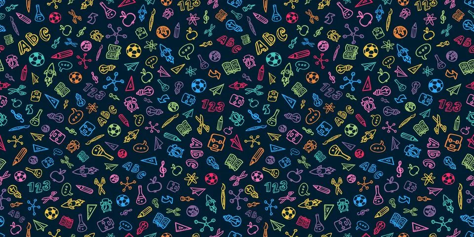 Back to School Seamless Pattern Banner Design with Hand Drawn Doodles in Sc.. Stock Illustration