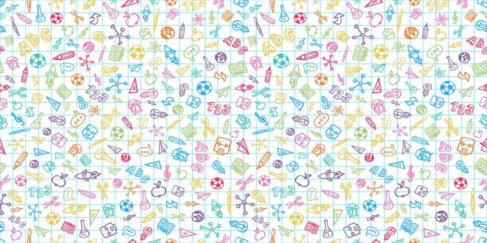Back to School Seamless Pattern Banner Design with Hand Drawn Doodles in Sc.. Stock Illustration
