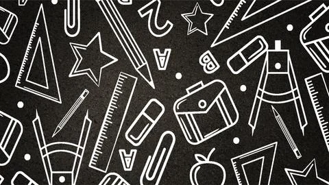 Back to school seamless pattern on blackboard with chalk drawings of school.. 스톡 일러스트