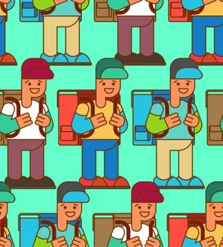 Back to school seamless pattern. Boy and Backpacks. Background for September  Illustrazione stock