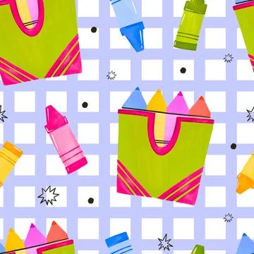 Back to school seamless pattern with crayon boxes on light blue grid backgr.. Illustrazione stock