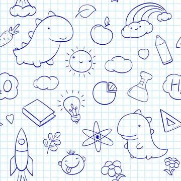 Back to school. Seamless pattern with cute hand drawn sketches. Endless pat.. Stock Illustration