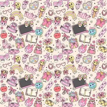 Back to School Seamless Pattern Cute Coquette School Supplies with Bow Desi.. イラスト素材
