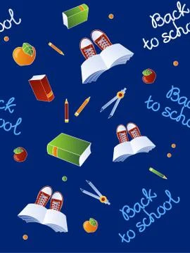 Back to school seamless pattern on dark blue background. Vector illustration. Stock Illustration