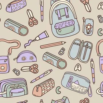 Back to School Seamless Pattern. Different Pencil Cases, Backpacks and Stat.. Illustrazione stock