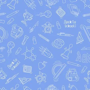 Back to school. Seamless pattern in doodle style on a blue background. Stock Illustration