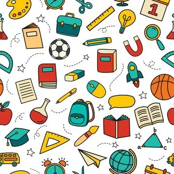 Back to school seamless pattern doodle style background. Education hand dra.. Stock Illustration