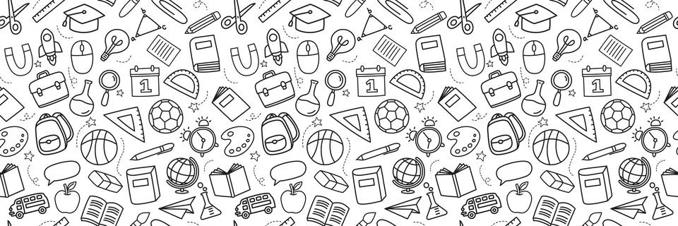 Back to school seamless pattern doodle style background. Education hand dra.. Illustrazione stock