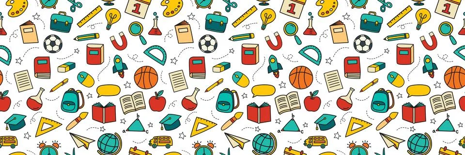 Back to school seamless pattern doodle style background. Education hand dra.. Stock Illustration