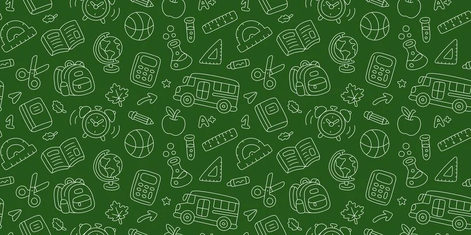 Back to school seamless pattern with education doodles. backpack, globe Stock Illustration