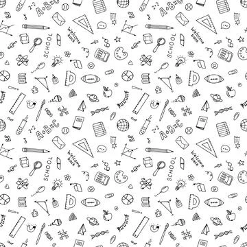 Back to school seamless pattern with hand drawn educational school elements.. Stock Illustration