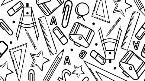 Back to school seamless pattern with hand drawn school supplies and station.. Stock Illustration
