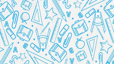 Back to school seamless pattern with hand drawn school supplies and station.. Stock Illustration