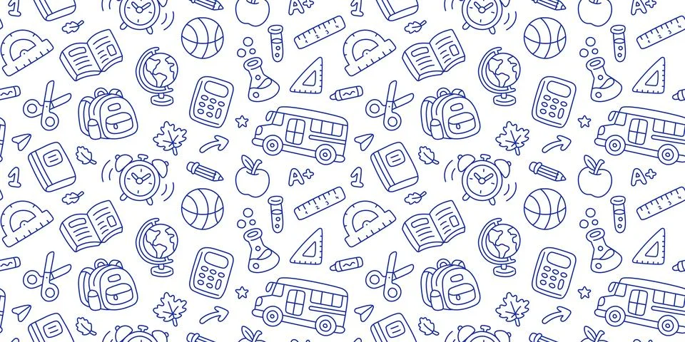 Back to School seamless pattern with line icon of backpack, globe, calculator Stock Illustration