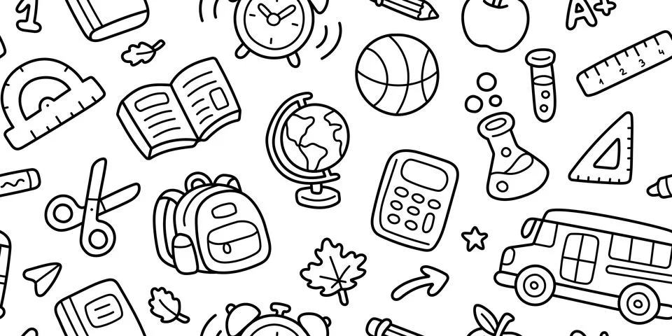 Back to School seamless pattern with line icon of backpack, globe, calculator Illustrazione stock