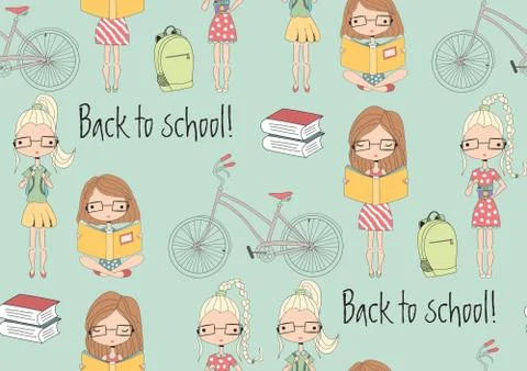 Back to school seamless pattern with school girls, bicycle and books Stock Illustration