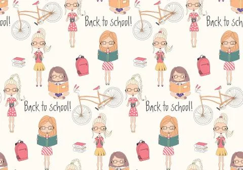 Back to school seamless pattern with school girls, bicycle and books Stock Illustration