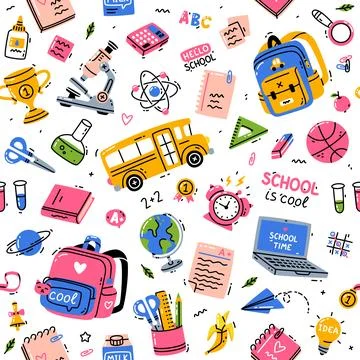 Back to School Seamless Pattern with School Bus and Backpack Vector Template 库存插图