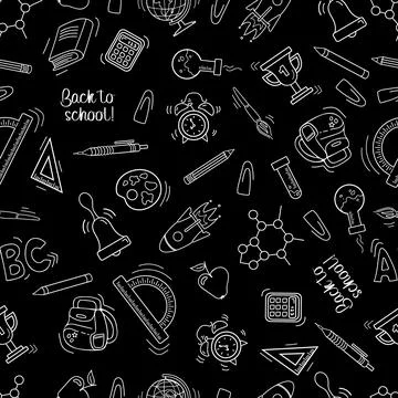 Back to school. Seamless pattern in sketch style. Chalk drawings on the black Stock Illustration