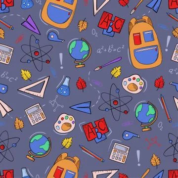 Back to school seamless pattern. Study stationery and educational supplies 스톡 일러스트