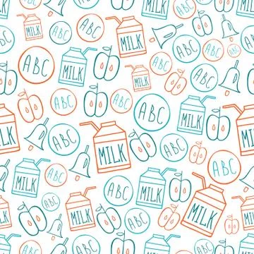 Back to school Seamless pattern with symbols alphabet milk pack bell and apple Stock Illustration