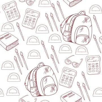 Back to school. Seamless pattern template with a set of different school things Illustrazione stock