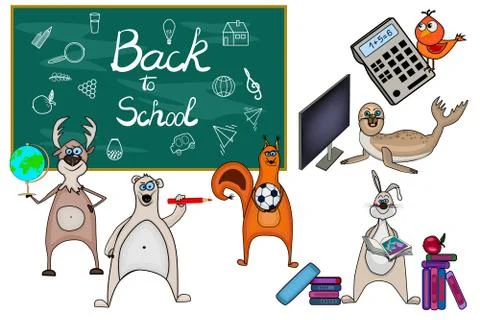 Back to school set. Animals and blackboard with school elements isolated. Stock Illustration