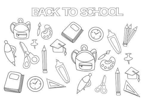 Back to school set. Coloring book page template. Stock Illustration
