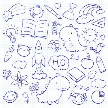 Back to school. Set of cute hand drawn sketches. Collection of funny sketch.. Stock Illustration