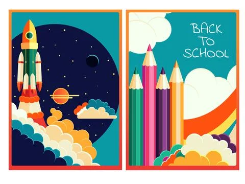 Back to school. Set of education banner in paper cut style with rocket, pen.. Stock Illustration