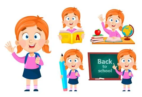 Back to school, set of five poses. Cute girl Stock Illustration