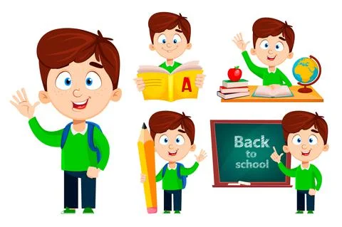 Back to school, set of five poses. Cute boy Stock Illustration