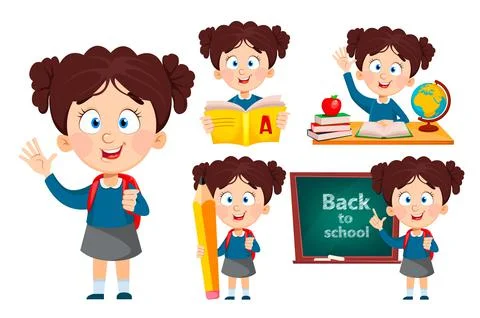 Back to school, set of five poses. Cute girl Stock Illustration