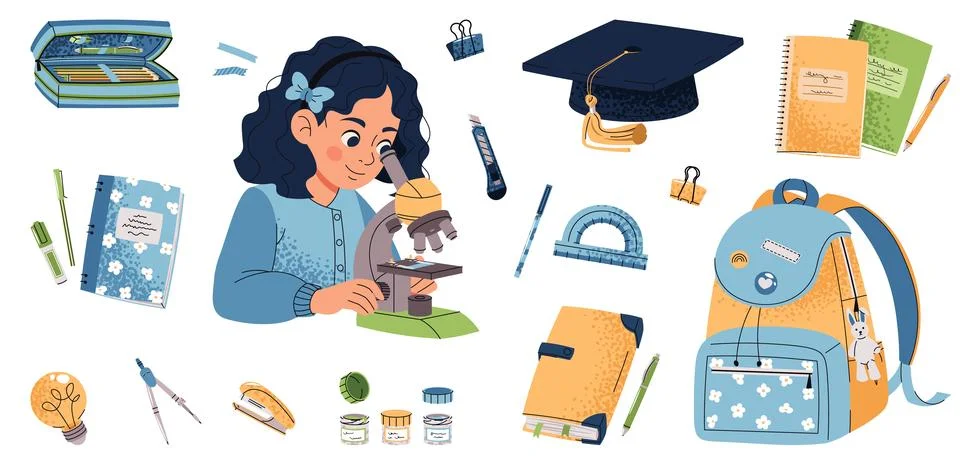 Back to School Set with Girl Using Microscope, Backpack, Books, Notebooks Stock Illustration