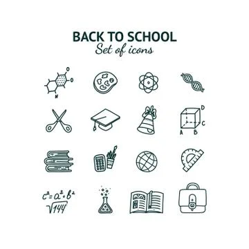 Back to school set of icons. Hand drawn inscription and objects. Vector Stock Illustration