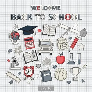 Back to school set on the notebook sheet Stock Illustration