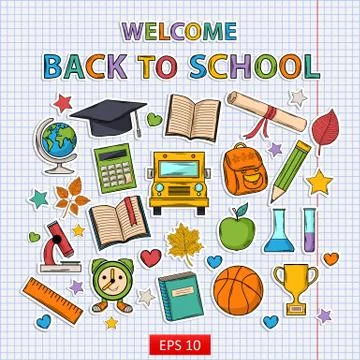 Back to school set on the notebook sheet Stock Illustration
