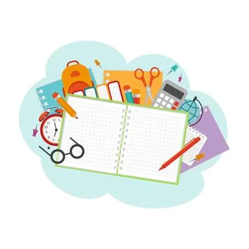 Back to school set of objects. School and education icons, symbols on blue bu イラスト素材