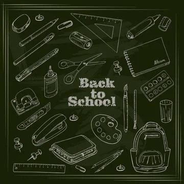 Back to school - set of objects in sketch style on a dark background Stock Illustration