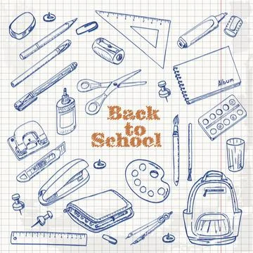 Back to school - set of objects in sketch style on a paper Stock Illustration