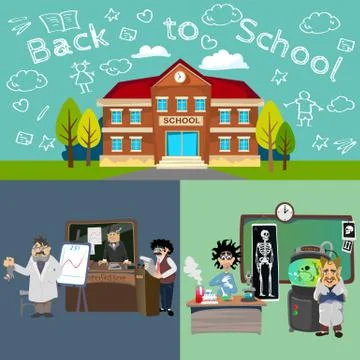 Back to school set of pictographs, childrens life newspaper and library, boys Ilustración de archivo